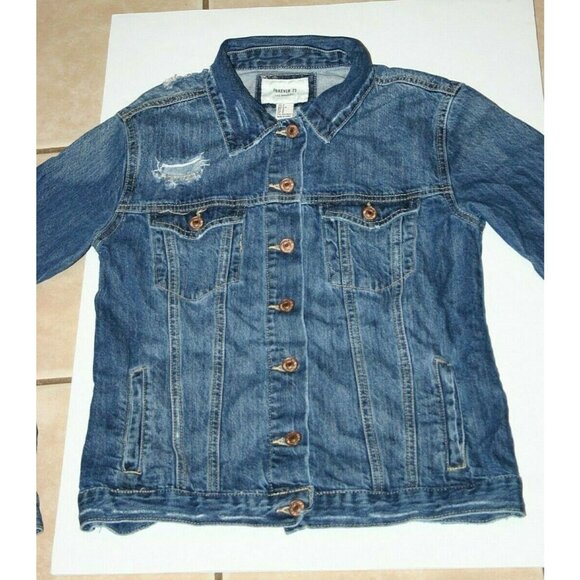Forever 21 jean jacket womens small distressed denim blue button up - Picture 2 of 7